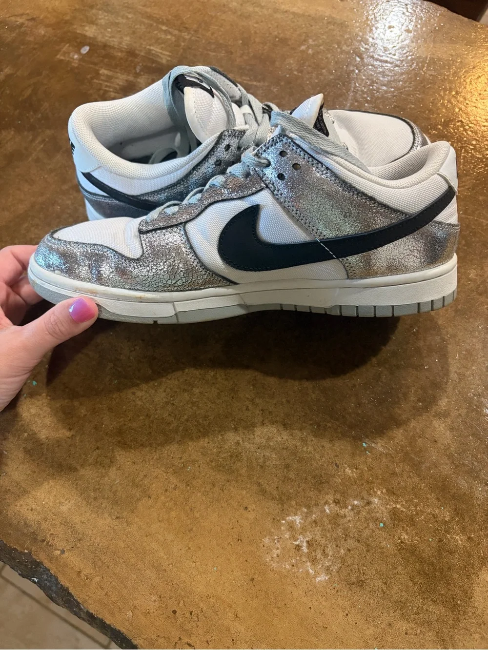 NIKE DUNKS  Silver Glitter Low-Top Sneakers with Black Swoosh, Good Condition